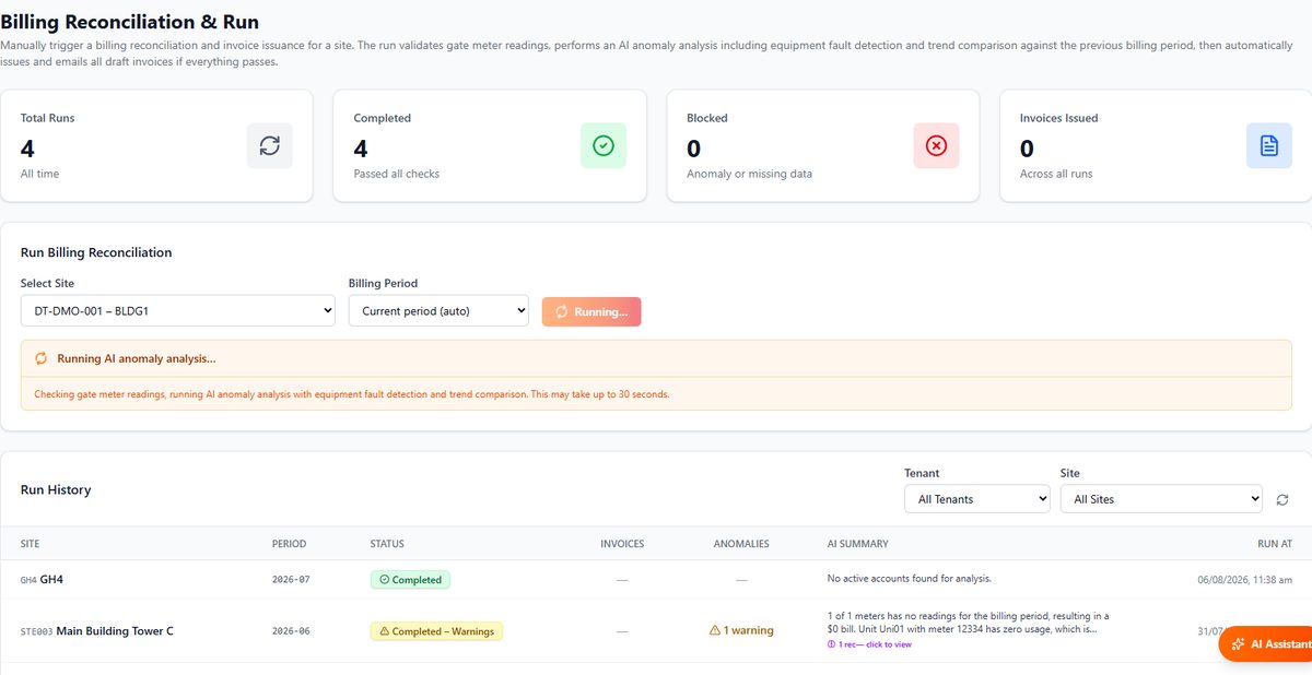 Billing reconciliation and run screen with AI anomaly analysis